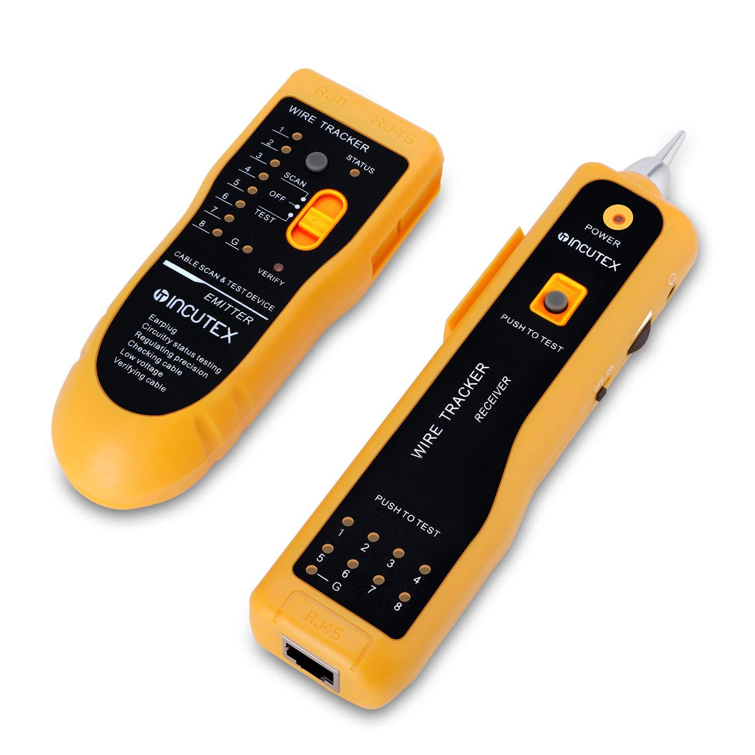 Incutex Tester ciągłości obwodów elektrycznych, LAN RJ45/RJ11, kable telefoniczne Cat5 Cat6 Ethernet, lokalizator kable sieciowe lub zasilające z diodą LED i słuchawkami, baterie w zestawie