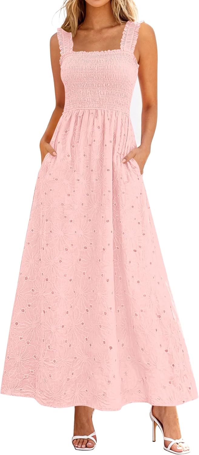 KIRUNDO Summer Lace Dress Vacation Outfits for Women 2026 Wedding Guest Dresses Maxi Beach Boho Sleeveless Cotton Sundress