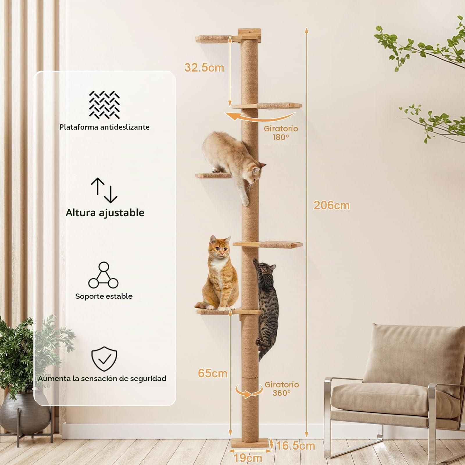 Árbol rascador de 5 niveles para gatos (206 cm), ajustable desde el suelo hasta el techo, estable montado en la pared con rascador, para gatos para escalar, rascar