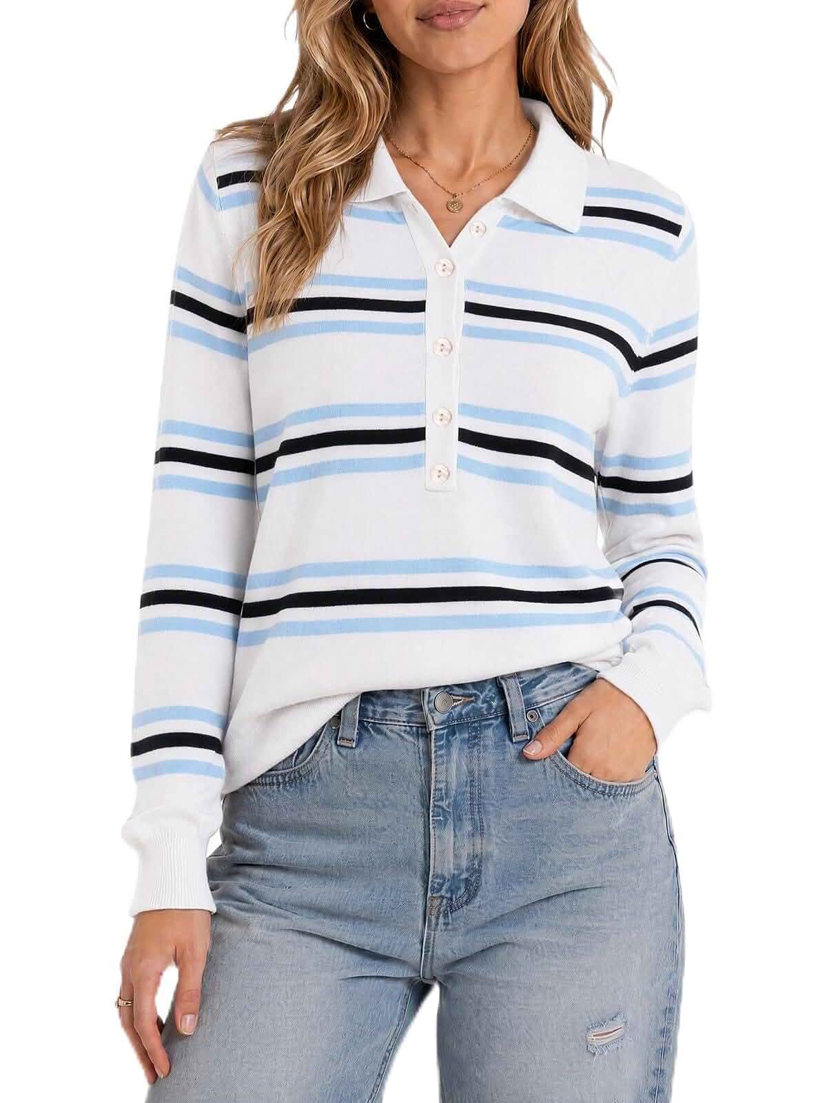 Imily Bela Polo Shirts For Women Long Sleeve Striped Fall Knit Sweater Polo Collar,Half Button Down,Ribbed Cuffs & Hem,Trendy Fashion Clothes