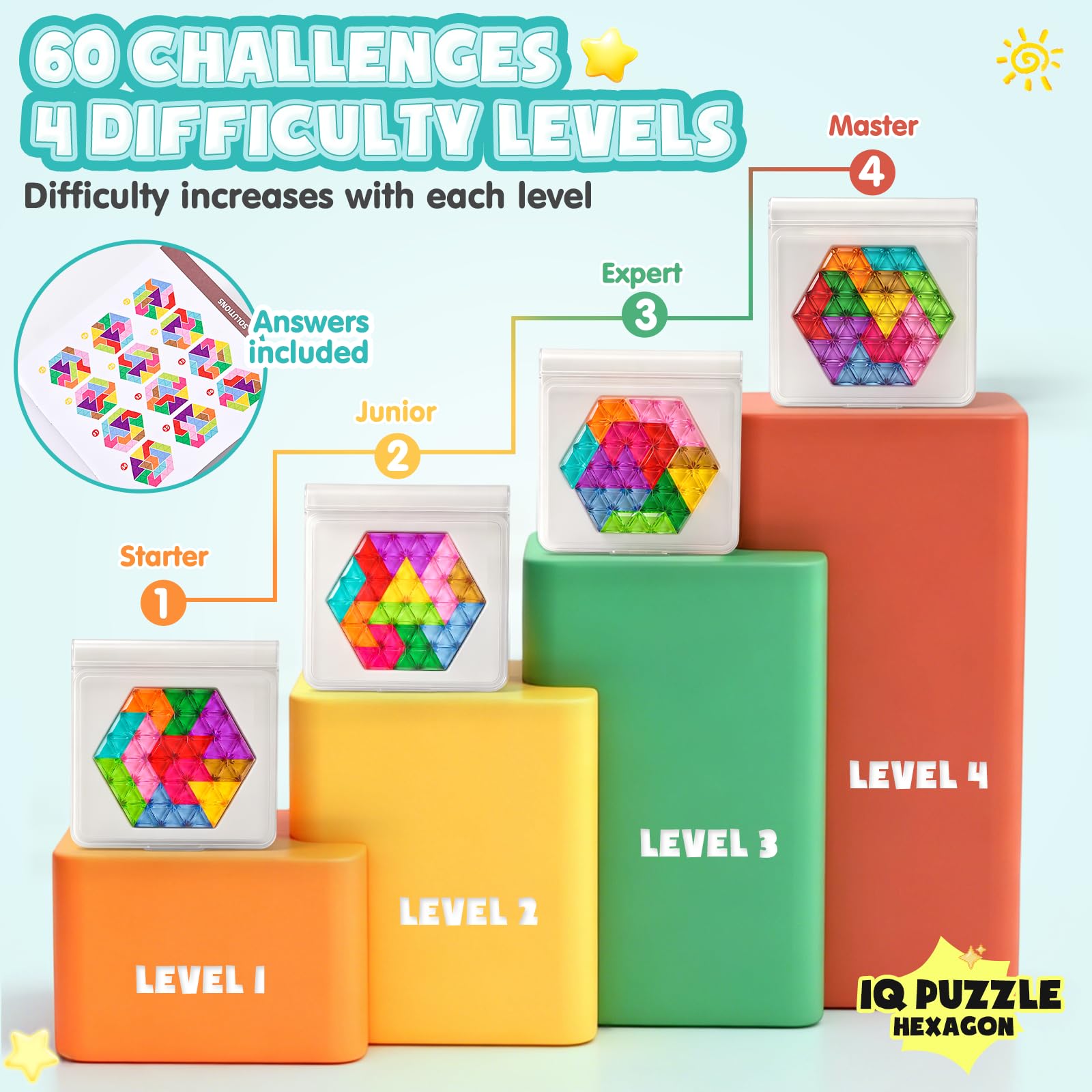 Gioco di posa geometrica, puzzle IQ, sfide progressive e 2 forme (stella/esagonale), pietre lucide colorate come gelatina, portatile, con coperchio e libretto delle soluzioni, per adulti e
