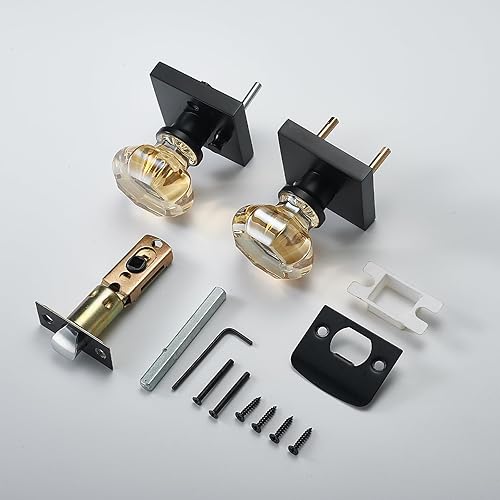 Miniatura 5 de Pomos de puerta de vidrio octagonal dorado champán, manijas de puerta de cristal de primera calidad con cerradura, roseta cuadrada con acabado negro