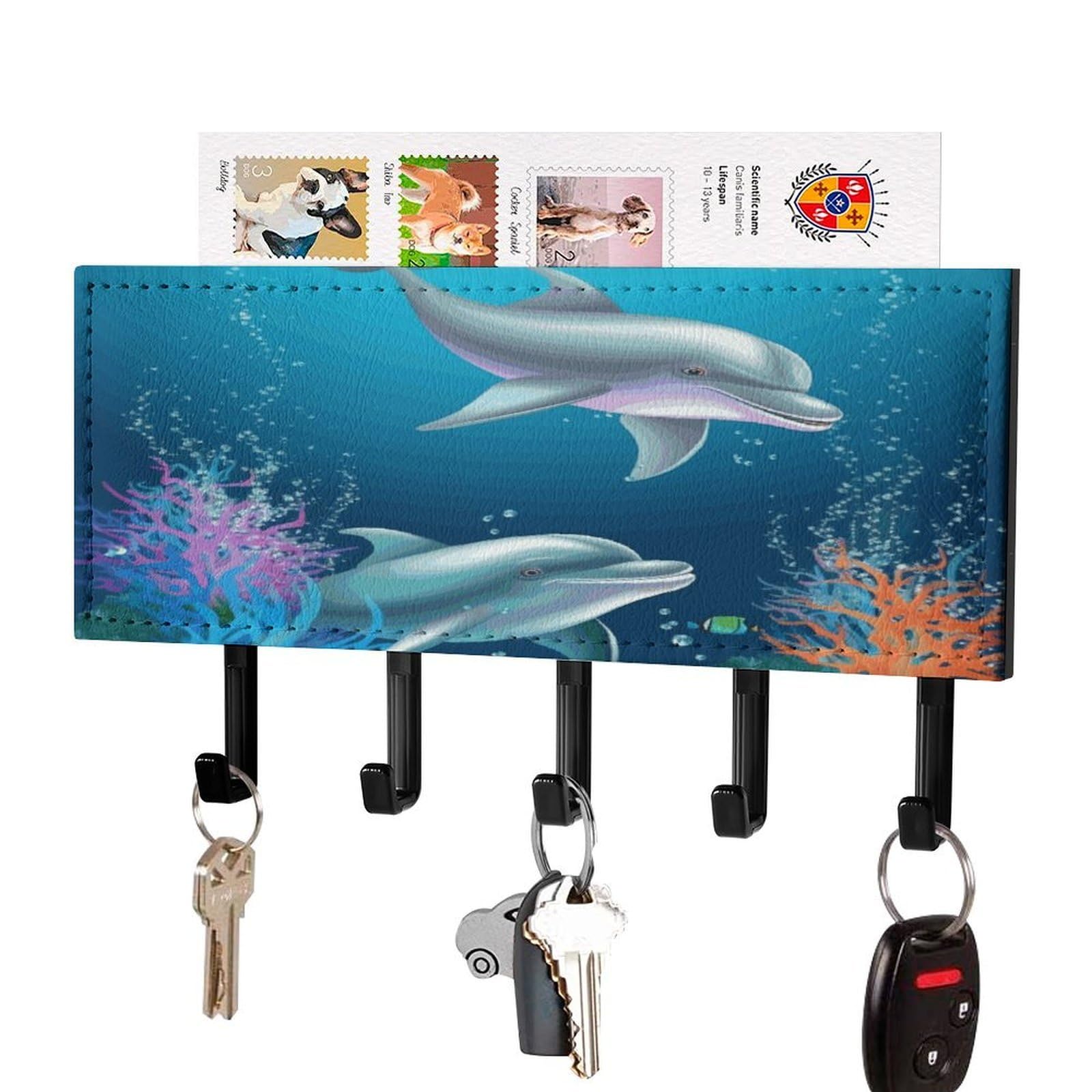FekiLoot Dolphin and Fish Key Holder for Wall Decorative Mail Organizer with 5 Key Hook Self Adhesive Key Rack with Tray Coat Rack Wall Mount Key Hanger Decor for Entryway Door