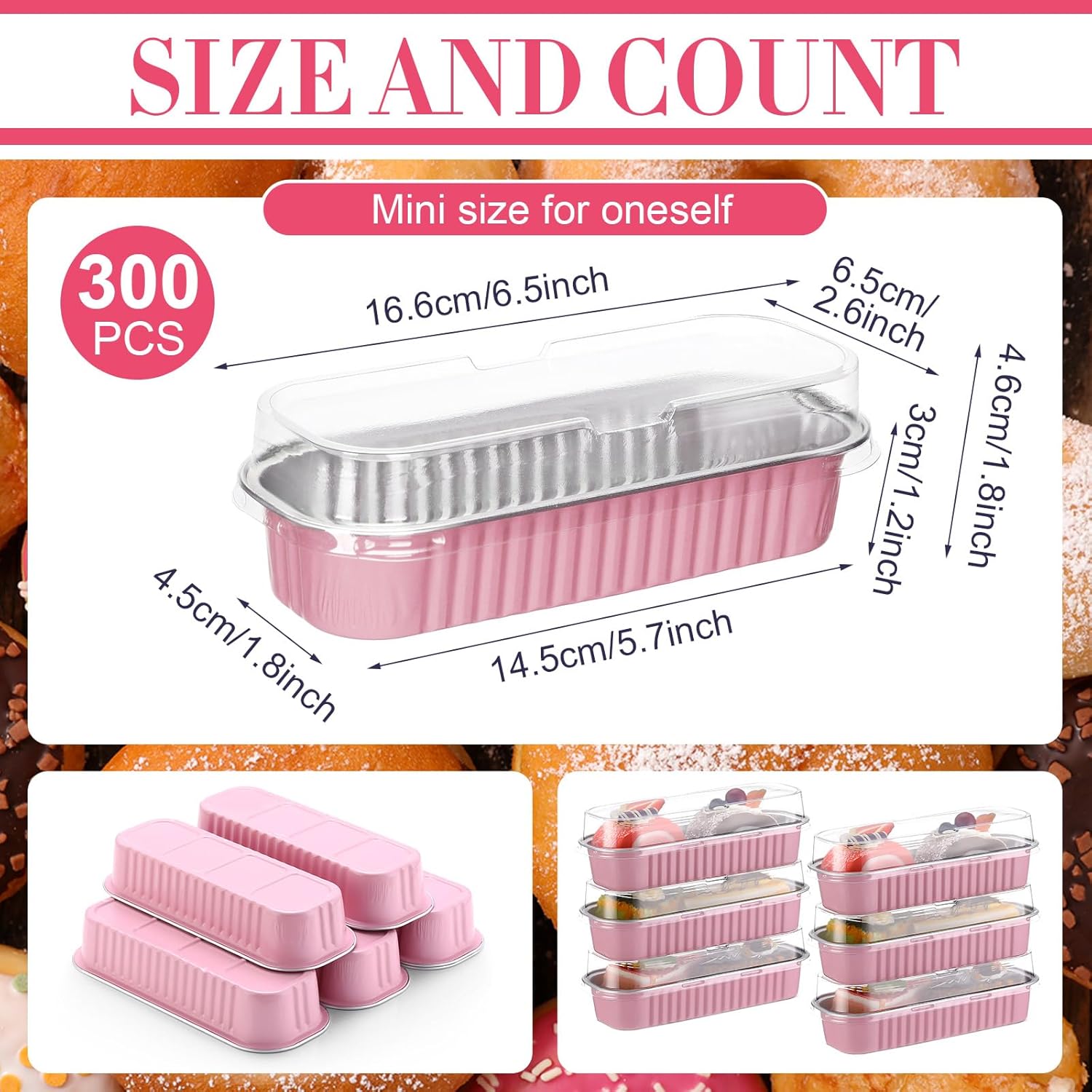 Qunclay 300 Pcs Mini Loaf Pans with Lids 6.8 oz Aluminum Foil Mini Cake Pans with Lids Rectangle Loaf Baking Cups Disposable Cake Containers for Muffin Ramekins Large Gatherings Parties(Pink)