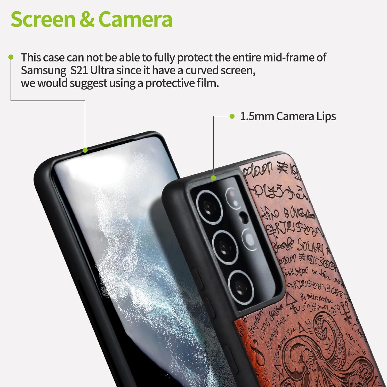 Carveit Wood Case for Galaxy S21 Ultra Case [Natural Wood & Black Soft TPU] Shockproof Hybrid Protective Unique Wooden Cover Compatible with Samsung S21 Ultra 5G (Octopus of Old Manuscript-Rosy)