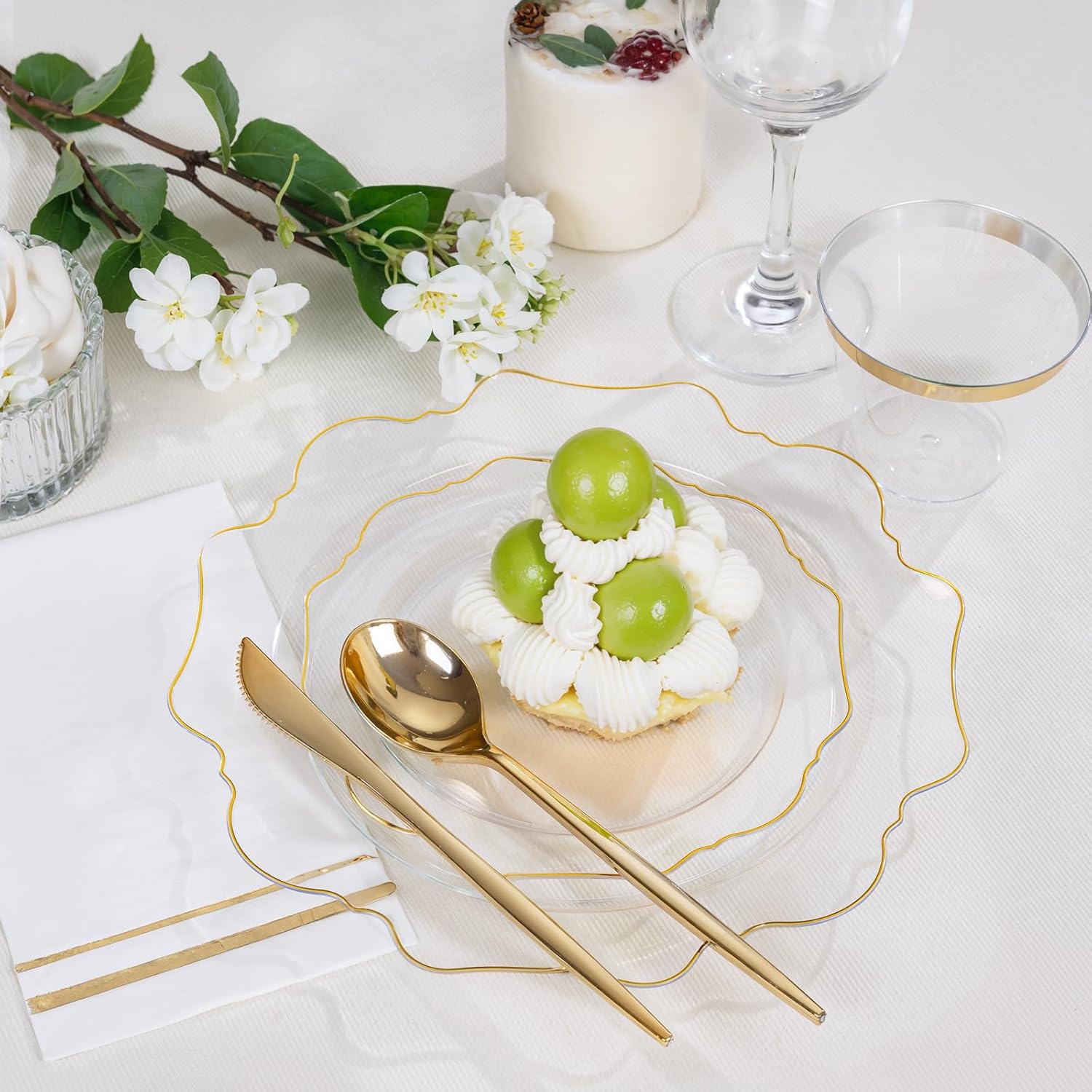 WDF 350Pcs Clear and Gold Plastic Plates - Heavy Duty Clear Plates Disposable - Gold Dinnerware Sets of 100 Plastic Plate 150Silverware 50 Cups 50 Napkins for Wedding Baby Shower Spring