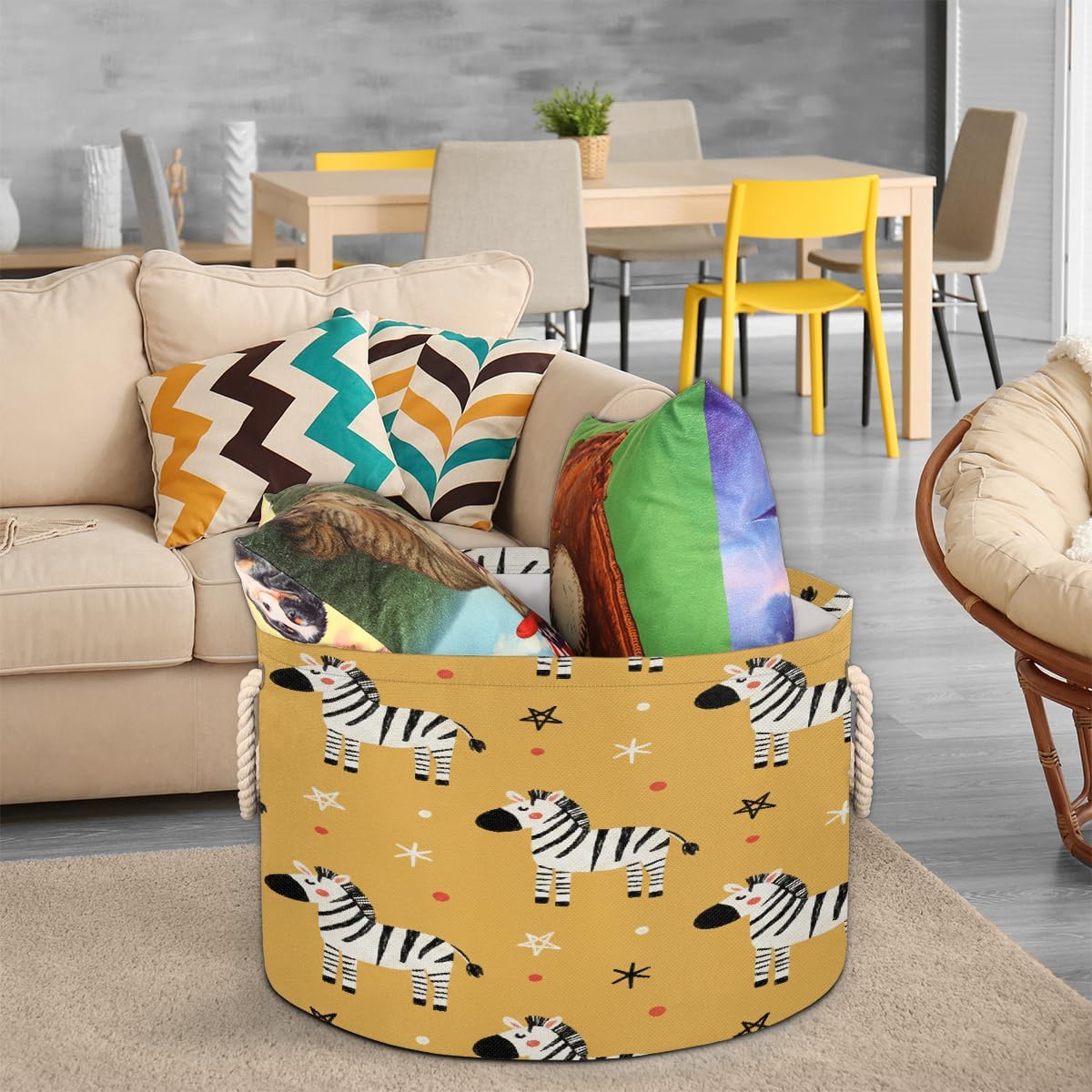 Large Storage Baskets - Zebra Nursery Round Collapsible Organizer Bin Box, Laundry Hamper for Kids Toys, Blanket, Bedroom Living Room Home Decor, Gift Basket, 19.4"x13.3"