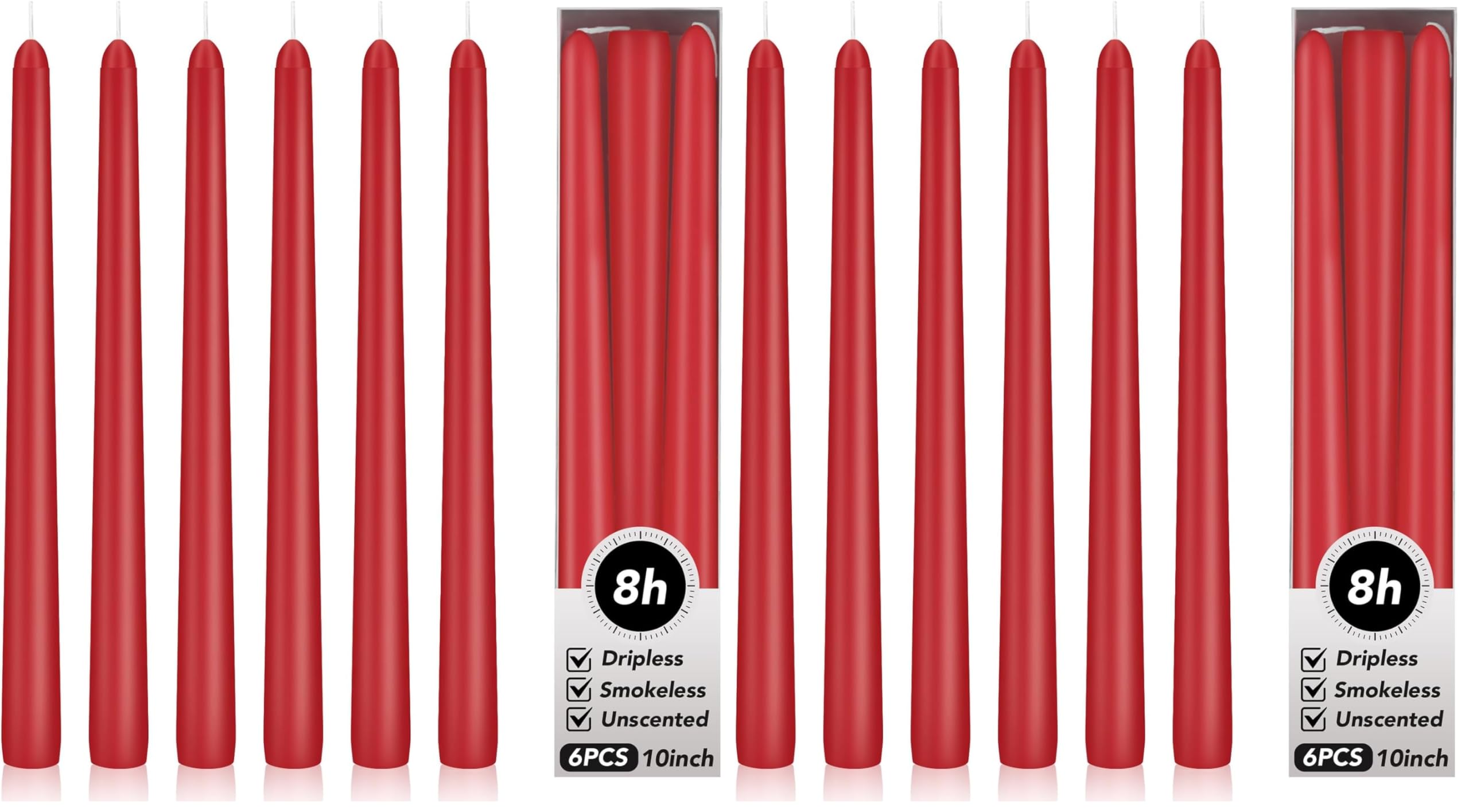 KORCCI Taper Candles 10 Inch - Long Candles, 8 Hours Long Burning, Smokeless &amp; Unscented &amp; Dripless, for Weddings, Birthdays, Dinner Parties, Rituals, Prayer, Birthdays, Meditation (Red) (Pack of 2)