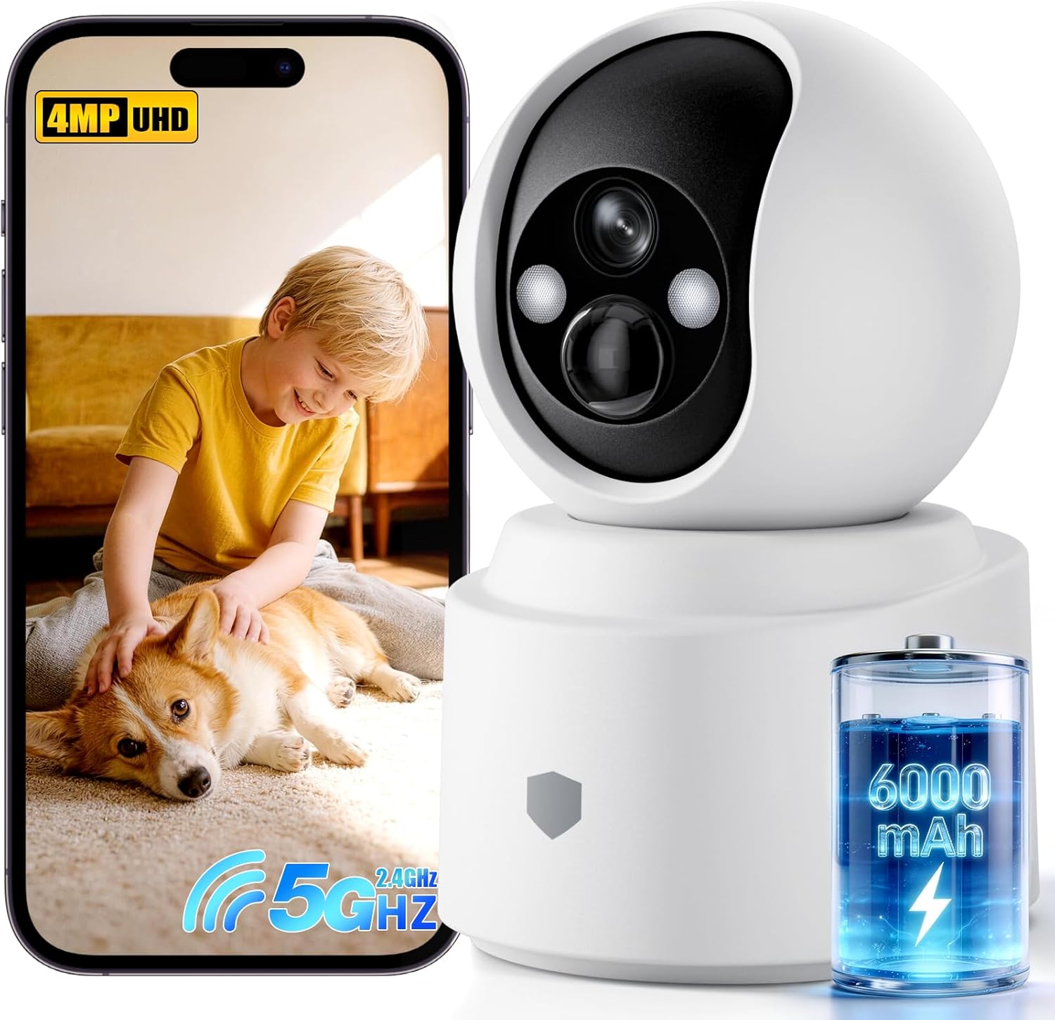 Noonkey 4MP WiFi Camera for Home Security, Indoor Wireless Surveillance Cam with Rechargeable Battery, 5G&2.4G WiFi6, AI Motion Detection, 2-Way Audio, Color Night Vision, Alexa Supported, 3K/1-Pack