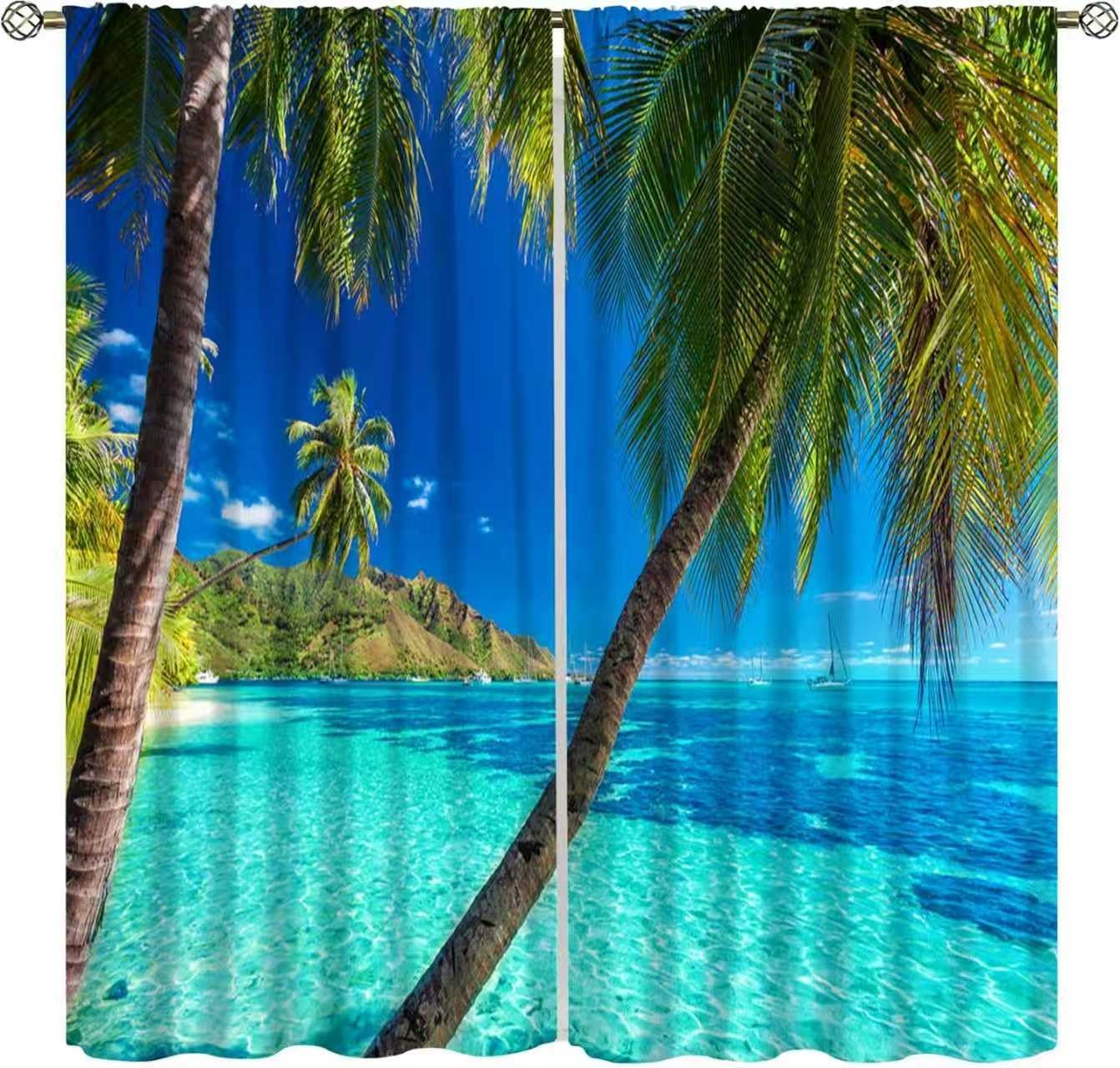 Tropical Beach Window Curtains, Palm Tree Ocean Scene, Rod Pocket Window Treatment Set