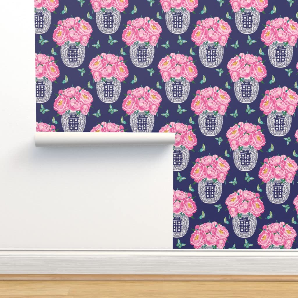 Peel & Stick Wallpaper Swatch - Blue White Vase Florals Peonies Butterflies Feminine Shabby Chic Grand Millennial Chinoiserie Girly Custom Removable Wallpaper by Spoonflower