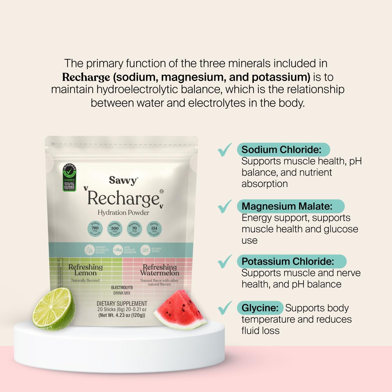 SAVVY Recharge Electrolyte Powder, Sugar Free Conscious Hydration Drink with Sodium, Magnesium, Potassium & Glycine, for Muscle Health, 20 Sachets (Variety (Lemon + Watermelon))