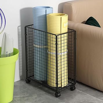 Yoga Mat Cart Rack with 4 Wheels, Home Gym Corner Rolling Storage Trolley for Foam Rollers, Black Exercise Equipment Organizer