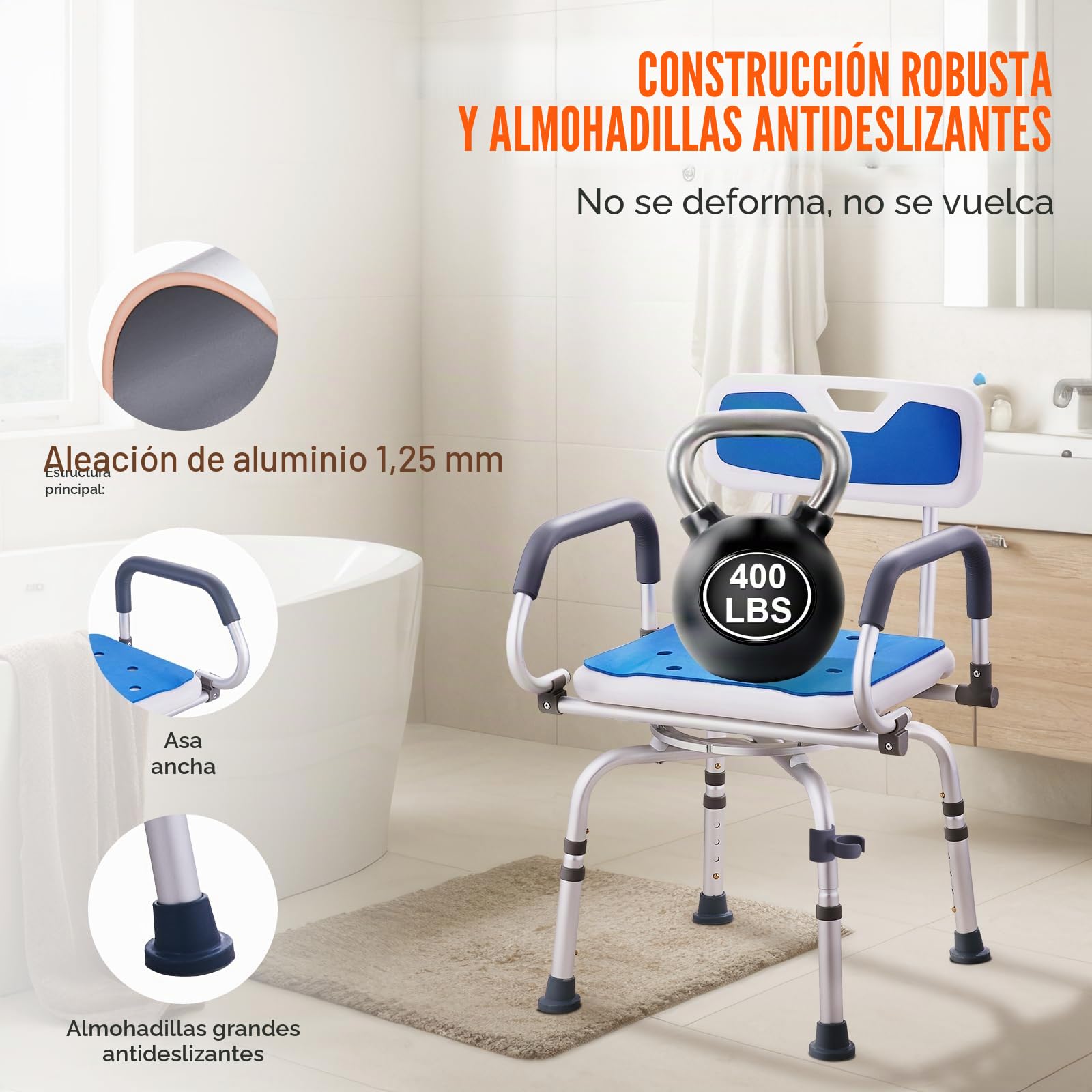 VEVOR Silla de Ducha Giratoria de 360 ​​Grados con Brazos Pivotantes para Duchas o Bañeras Interiores, para Personas Mayores Discapacitadas Lesionadas, Capacidad de 180 kg, 530 x 520 x 835 mm