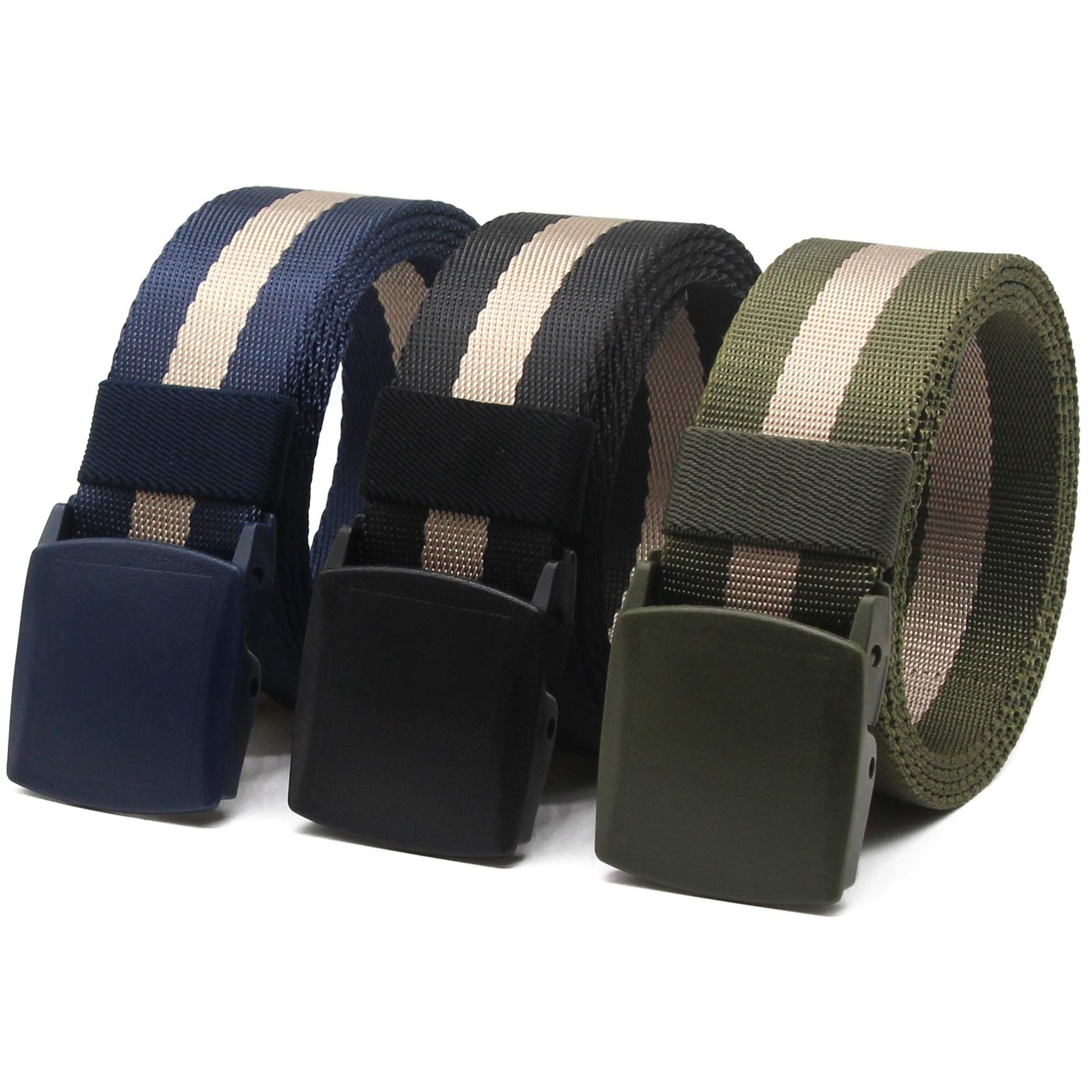 Nylon Canvas Belt Hiking Outdoor Adjustable Belts Unisex Military Style Casual Army Outdoor Tactical Plastic Buckles Webbing for Men and Women 3 pack By ANDY GRADE (Black + Blue + Army Green)