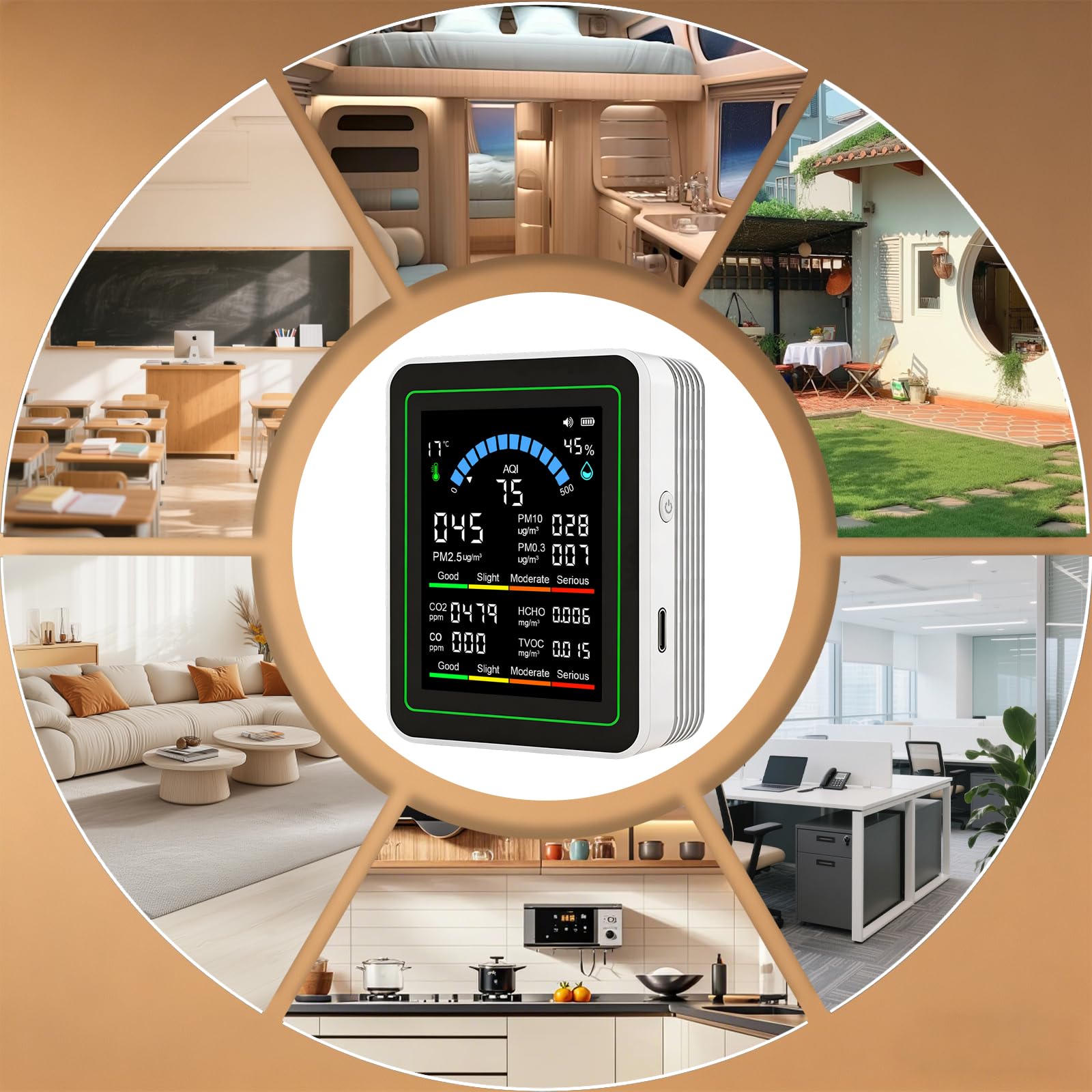 OBEST Moniteur de qualité de l'air, détecteur portable avec application pour mesurer PM2.5 / PM10 / PM0.3 / CO2 / CO/HCHO/TVOC/AQI/température et humidité, usine, bureau et intérieur