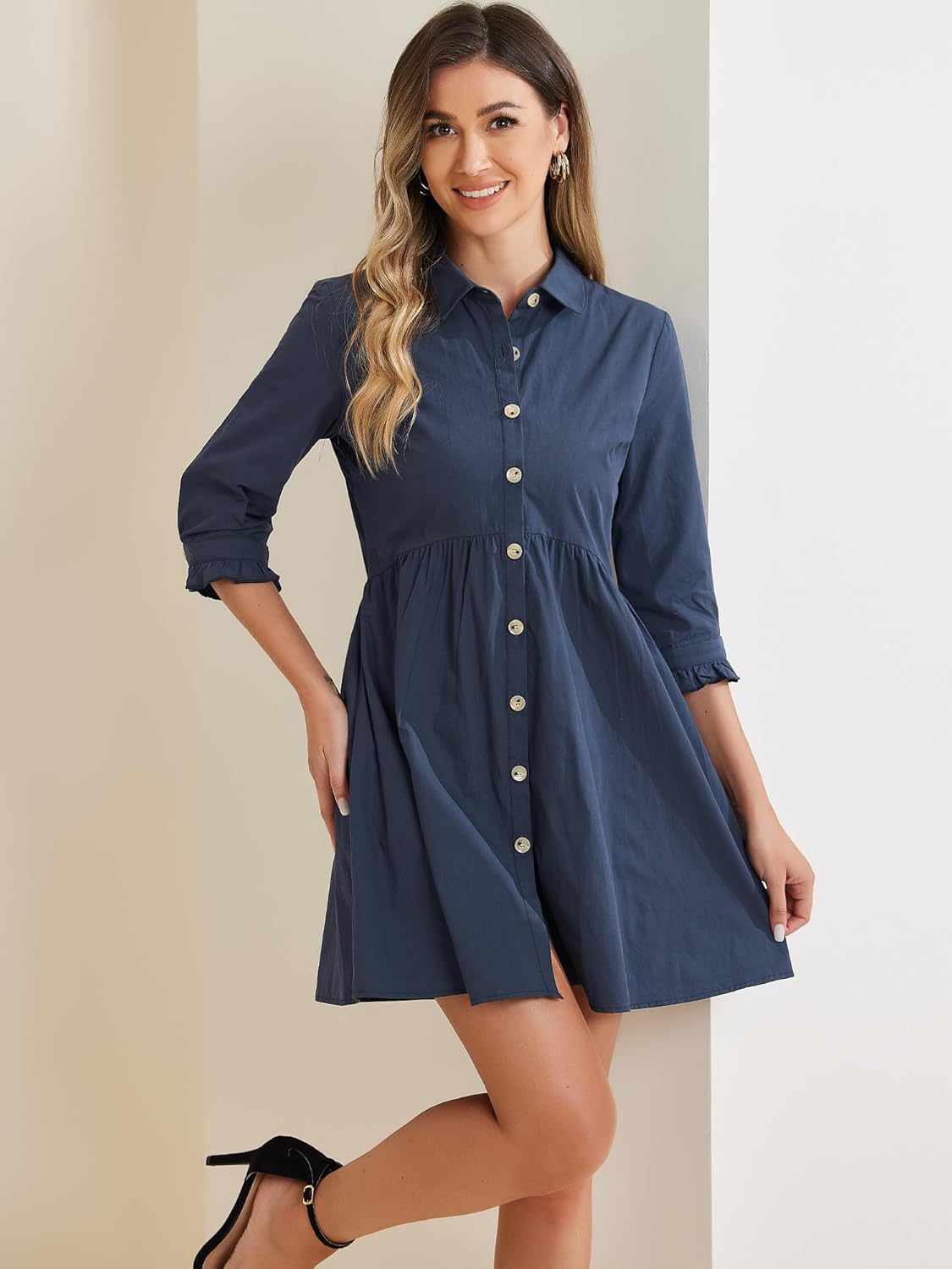 Allegra K Women's Shirt Dress Button Down 3/4 Sleeve School Work Mini Casual Shirtdresses - Image 2