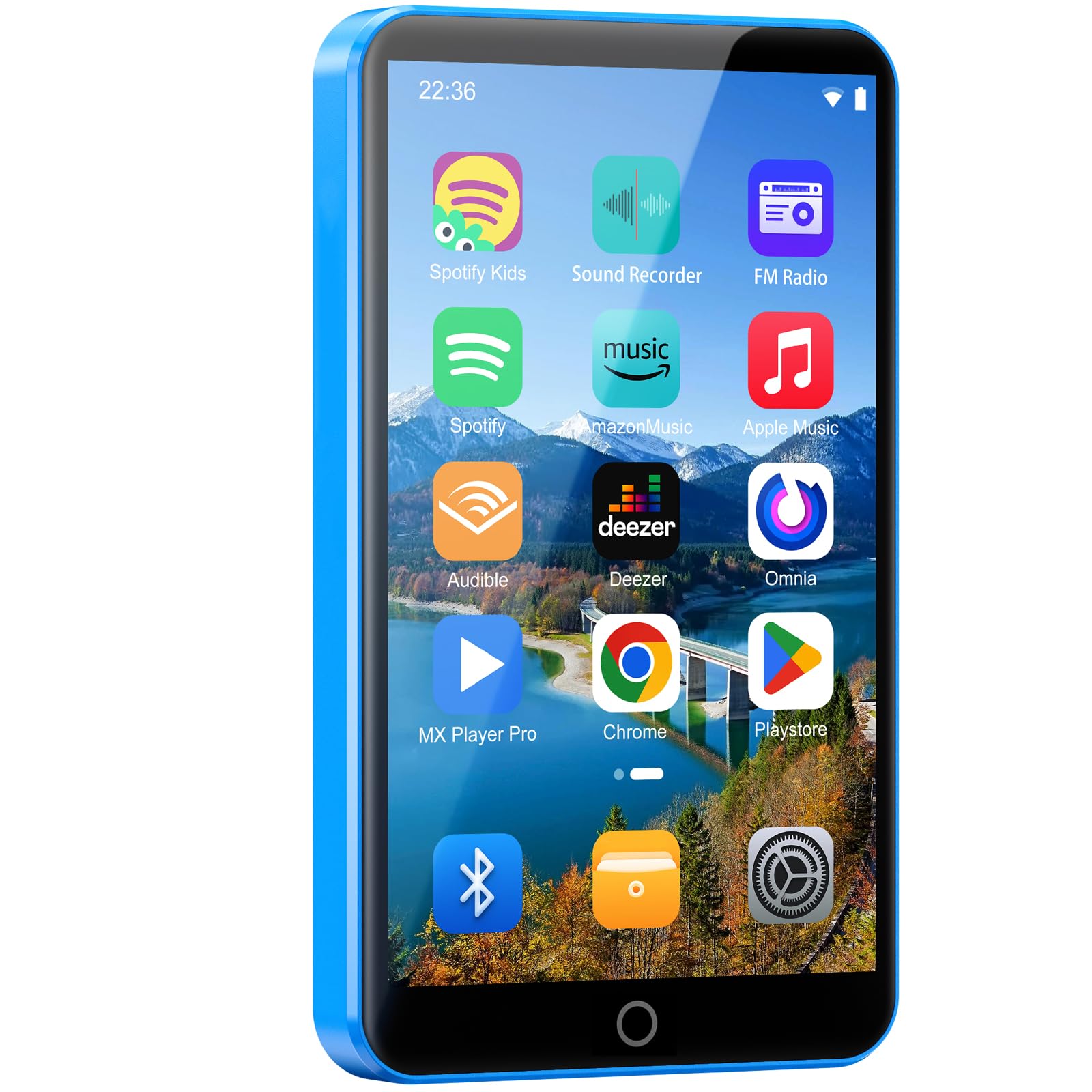 fanvace android mp3 players with bluetooth wifi, mp3 & mp4 players with 4" touchscreen and speaker, spotify mp3 music player with audible, amazon music, play store (16gb, blue)