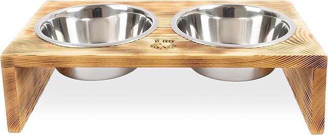 RF - DEER Raised Dog Bowls with Stand | Wooden Feeding Stand with 2 Stainless Steel Bowls for Cats and Dogs | Easy to Keep Clean, Eco friendly | Food & Water Station, Pet Feeder | 48x26x13 cm | Large
