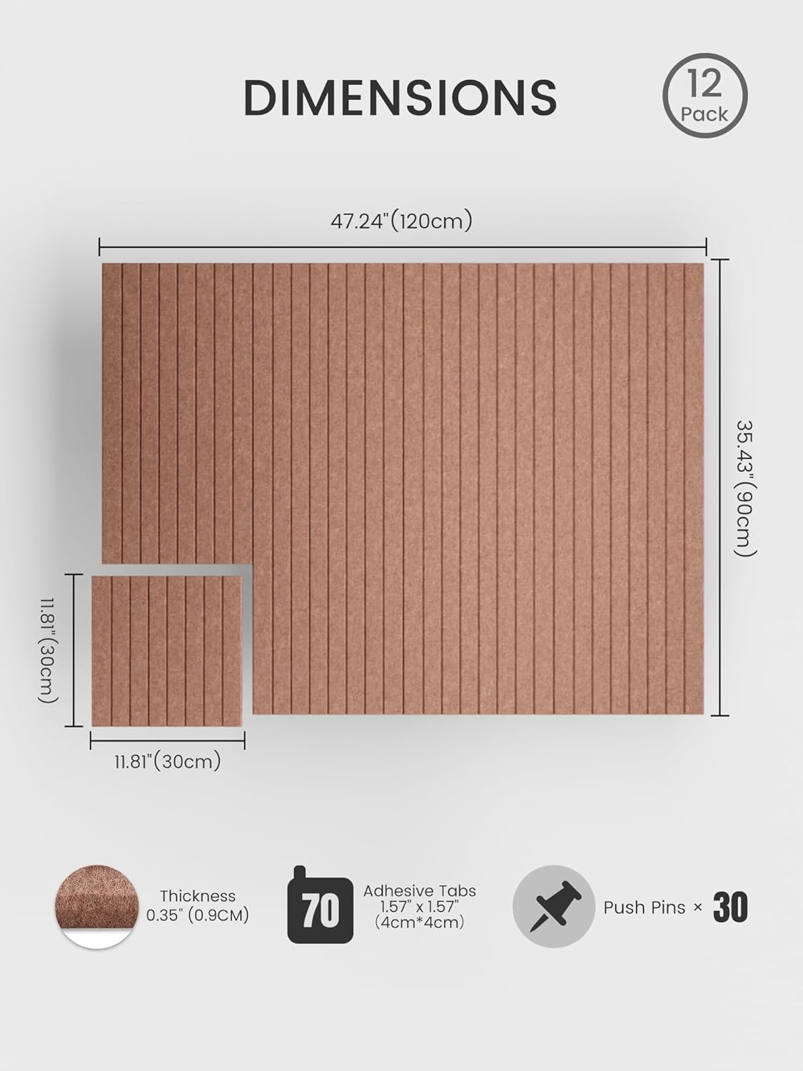 Bumusty Large Cork Board Alternative-48 x 36" Felt Bulletin Board Tiles, with 30 Pushpins, 70 Adhesive Tabs, 12-Pack Slat Wall Paneling, Cork Boards for Office Push Pin Board Felt Board-Terracotta