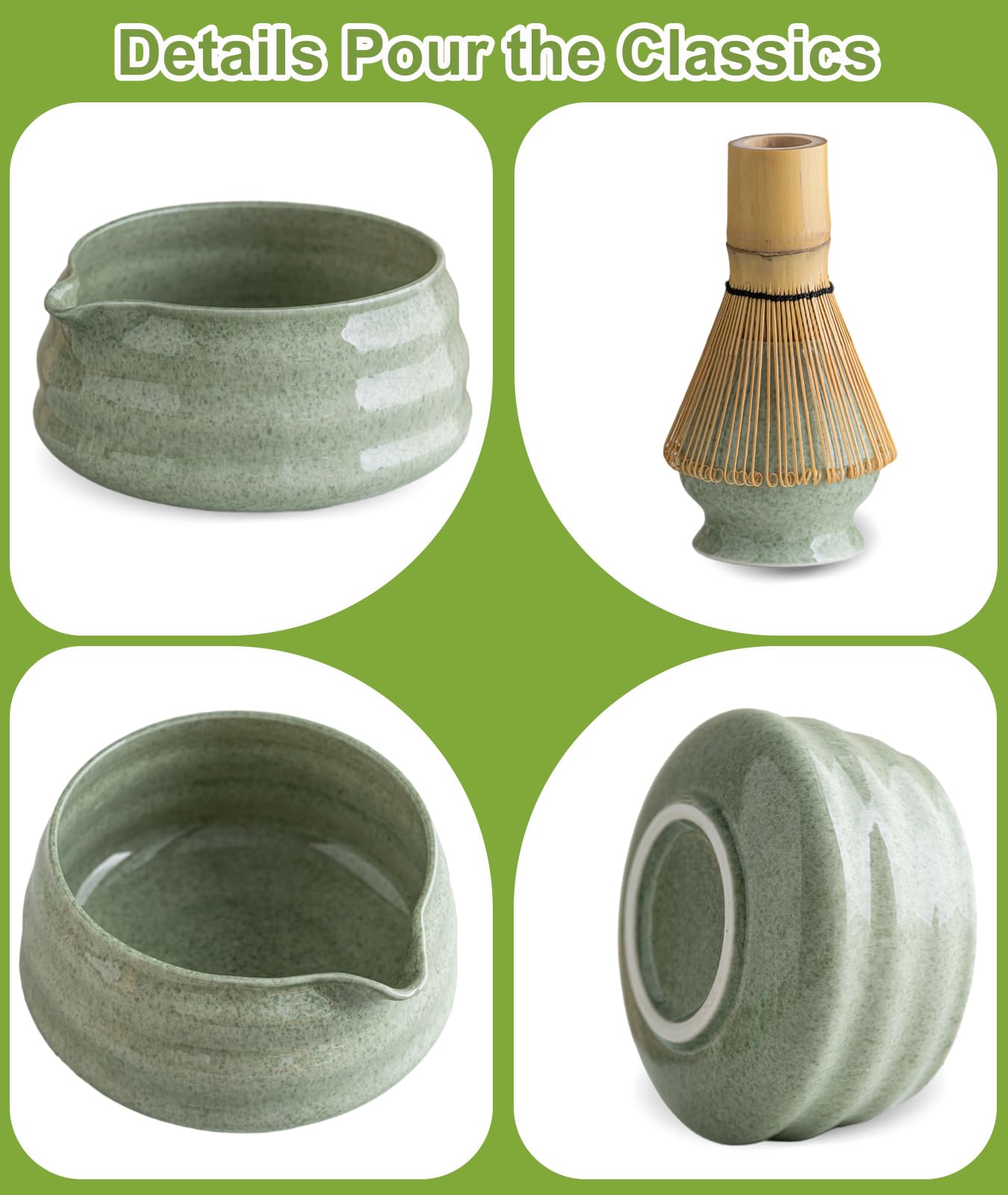 JBER Matcha Kit 7 Piezas - Kit Té Matcha de Ceremonia Japonesa con Tazón con Pico, Batidor de Bambú Chasen y Accesorios Completos, el Juego de Matcha Perfecto para Amantes del Té Matcha, Verde Matcha