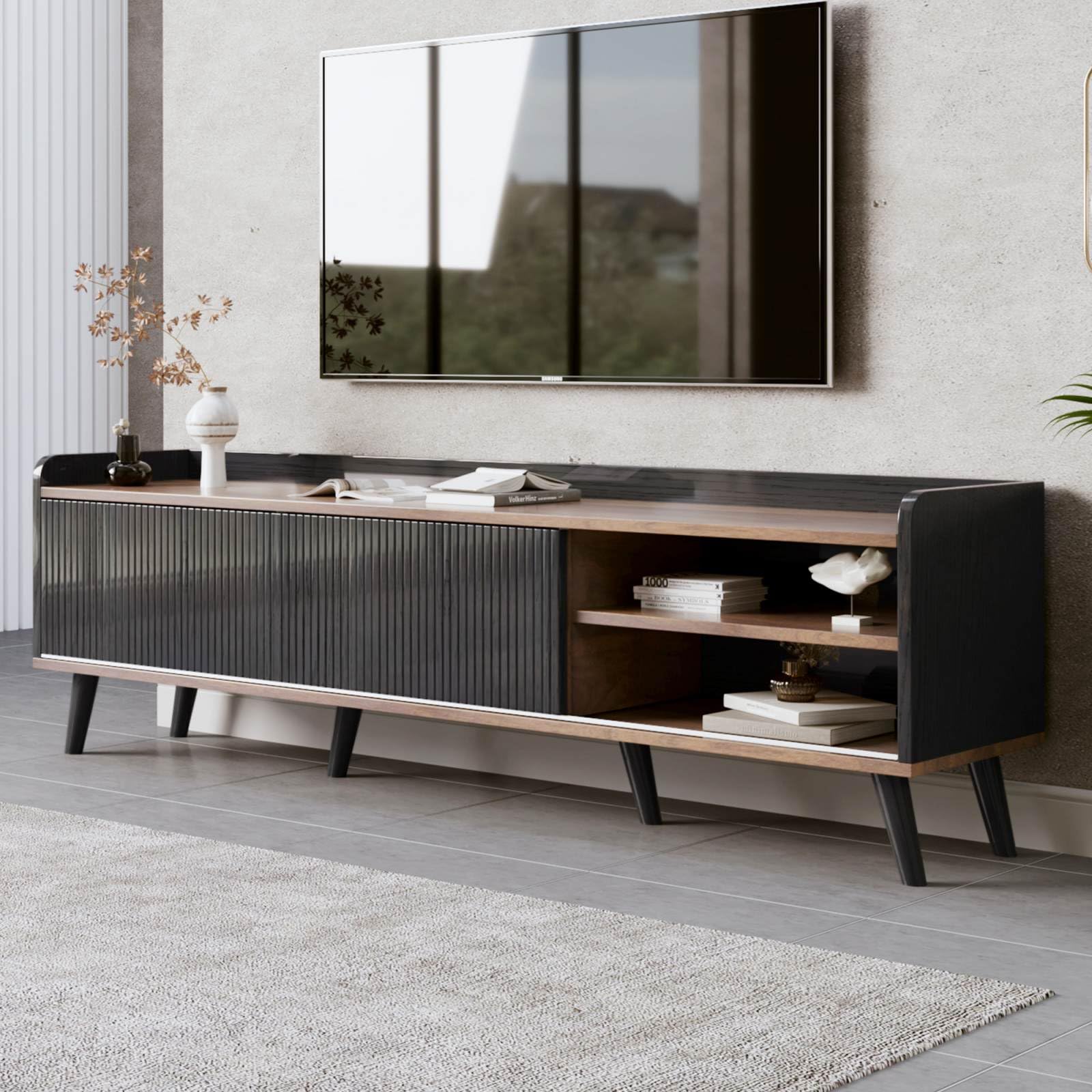 KOMHTOM Armoire TV en bloc de couleur noir/blanc et bois, buffet avec 2 tiroirs et 2 compartiments de rangement spacieux, armoire polyvalente pour salon, chambre à coucher et salle à manger (noir)