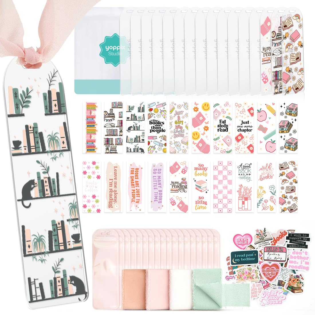YOPPIX 6x2” Acrylic Bookmark Blanks- 20 Set Bookmark Making Kit with 20 UV DTF Stickers About Booklover Theme 20 Ribbon 80 Bookish Stickers for DIY