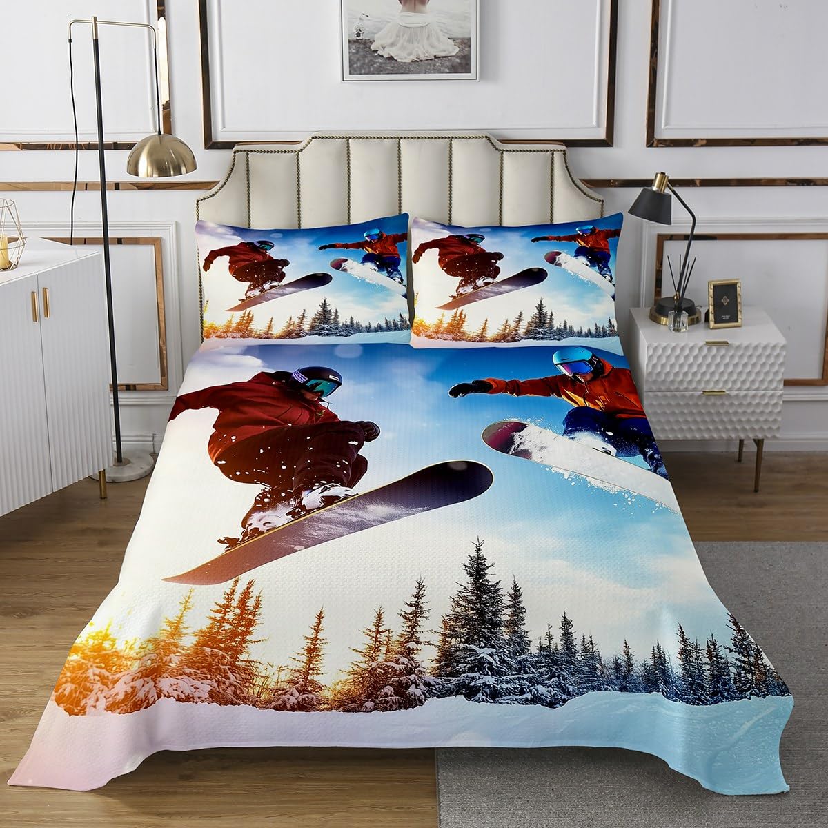 Erosebridal Teens Ski Bedspread, Snowboarding Sports Coverlet Set Twin Size for Kids Boys Youth Adult, Winter Extreme Sport Quilted Coverlet Tree Mountain Bedding Set Bedroom Decor, Blue White