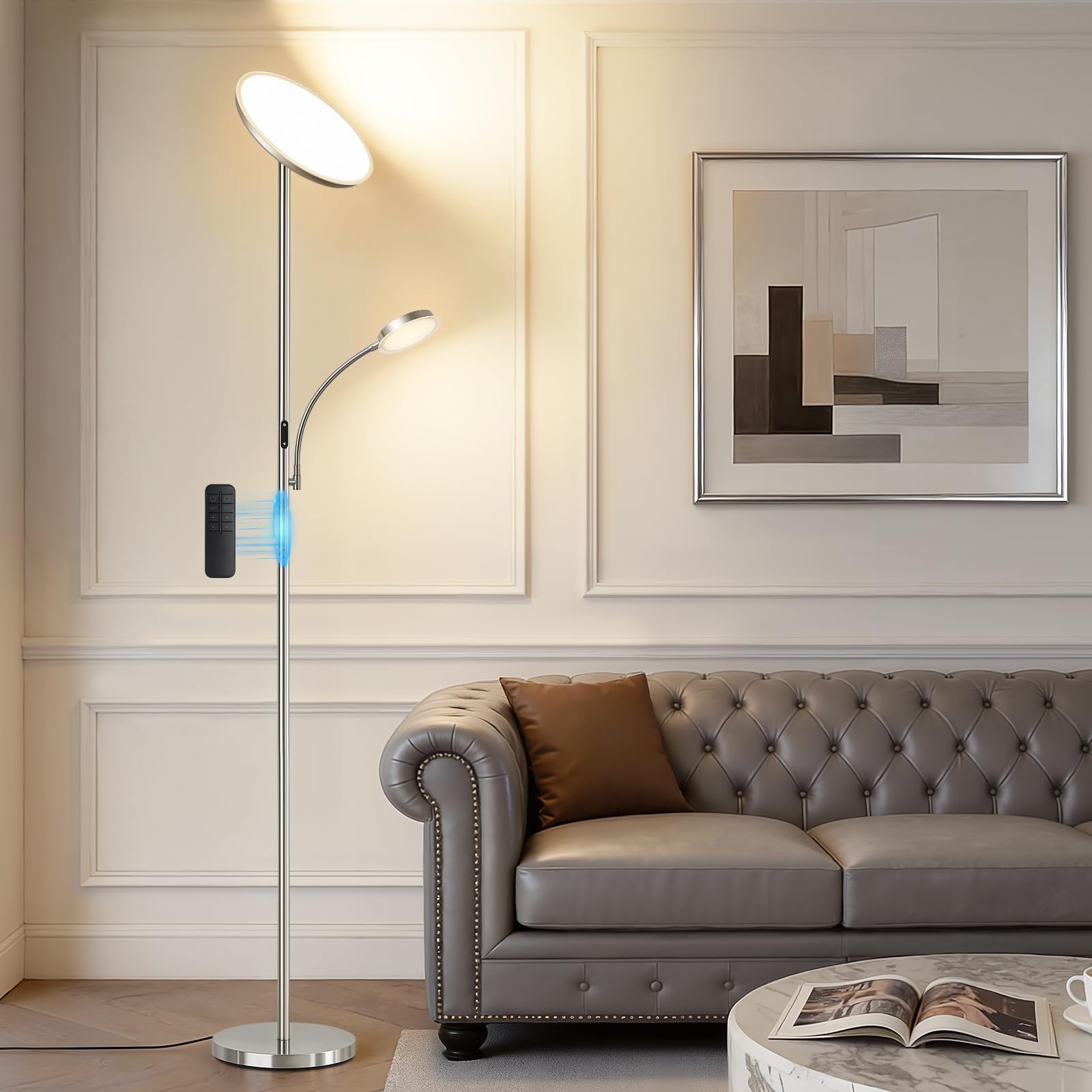 GyroVu Stehlampe Wohnzimmer, 25W Deckenfluter Dimmbar mit 5W Leselampe 3000K-6500K Stufenloses Dimmen, Moderne LED Stehlampen mit Fernbedienung & Touch-Steuerung für Schlafzimmer, Büro, Hotel