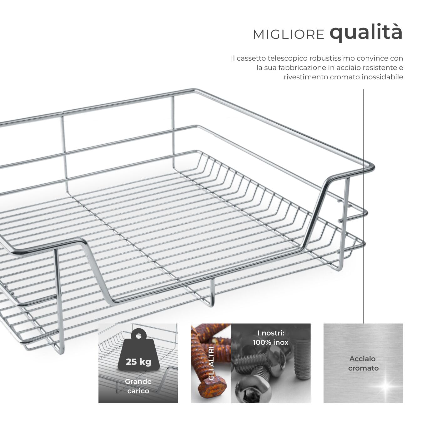 tectake® Cassetto Telescopico - 1 x 60 cm - Cassetto Estraibile per Cucina, Ripiano Scorrevole, Binario Telescopico, Organizer Cromato per Mobile da Cucina, Cassettiera Salvaspazio