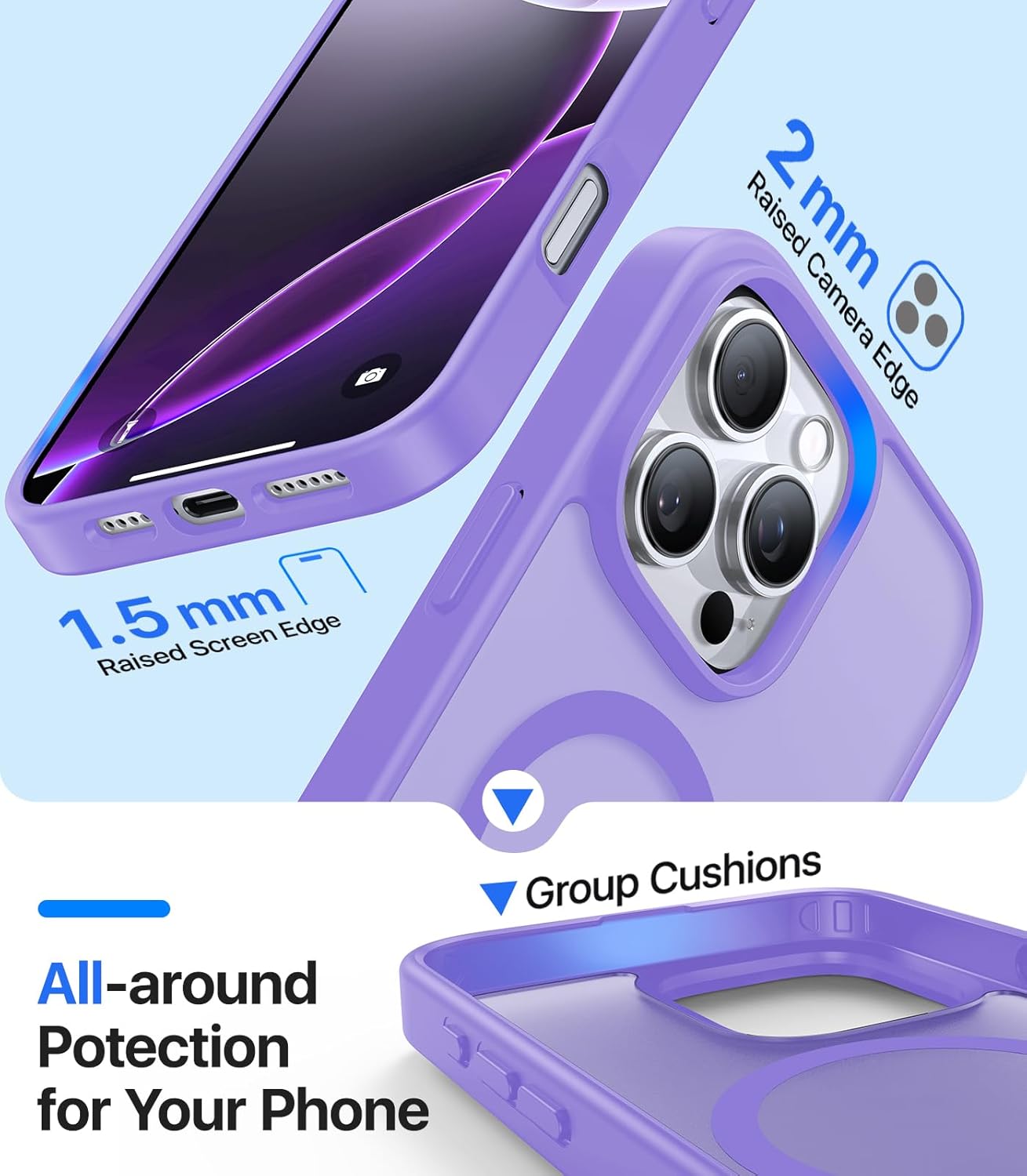 Magnetic for iPhone 16 Pro Case,[Compatible with MagSafe][Military-Grade Drop Protection][Anti-Yellowing]Shockproof Protective Translucent Matte Cover for iPhone 16 Pro Phone Case,Light Purple - Image 6