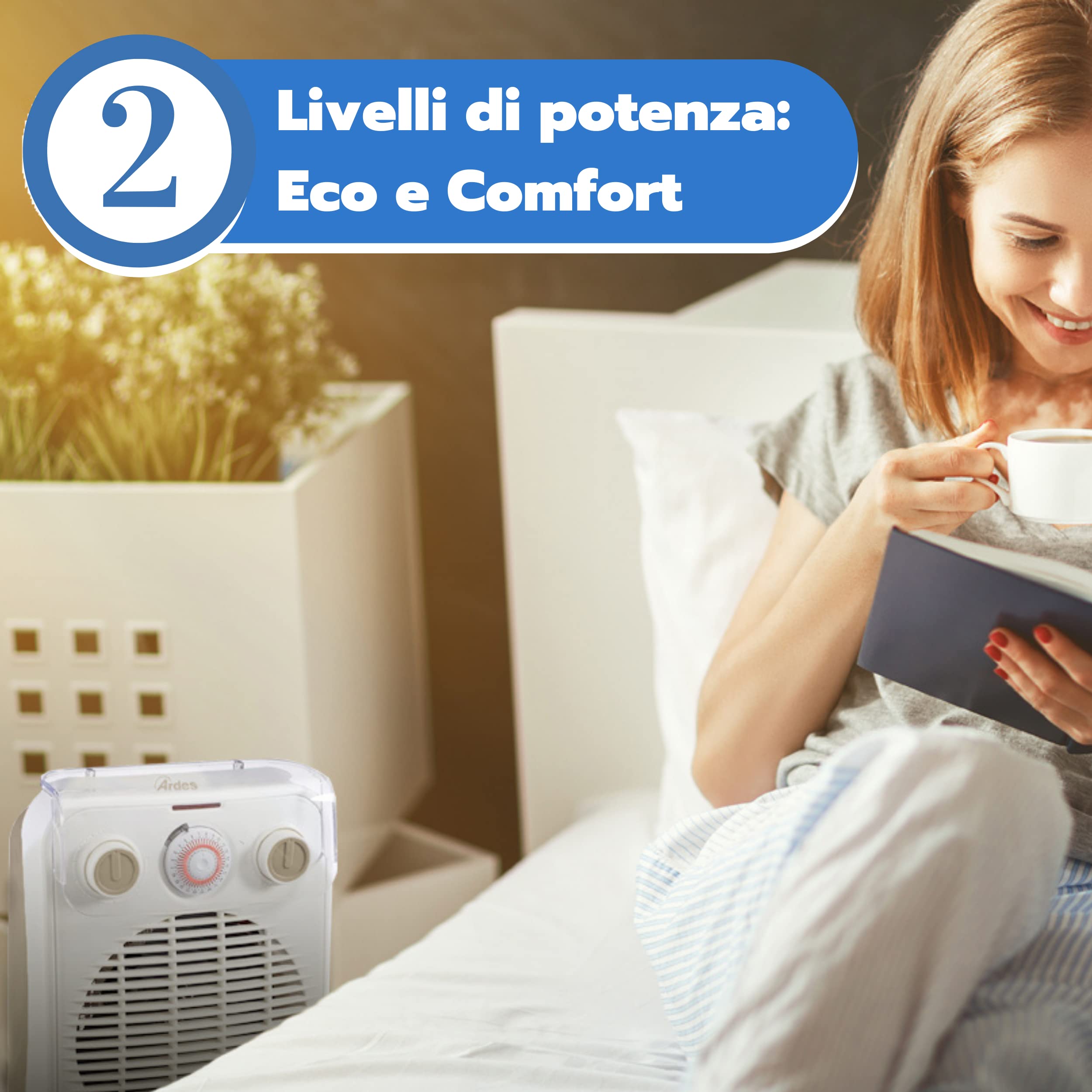ARDES | AR4F10TI Termoventilatore a Filo CHRONOS, Stufetta Riscaldante 2 Potenze Eco/comfort, Termostato Temperatura Ambiente, Stufetta Scaldino Portatile con Timer 24H e Sicuro Contro I Liquidi