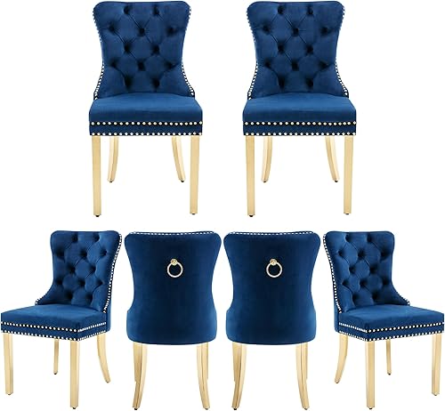 Miniatura 70 de Juego de 2 sillas de comedor, sillas de terciopelo copetudas con patas de acero inoxidable doradas, anillo de metal con ribete de remache, respaldo