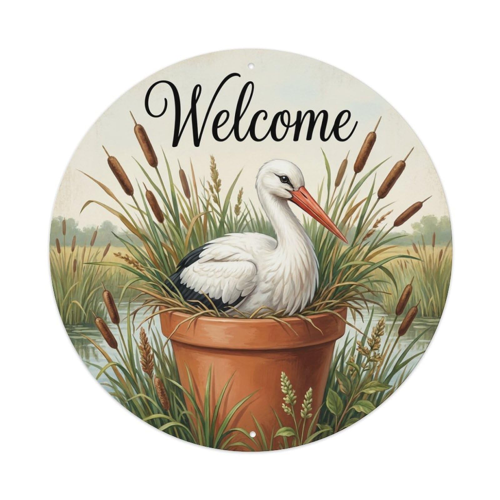 Metal Tin Sign Welcome Stork Reed Nest