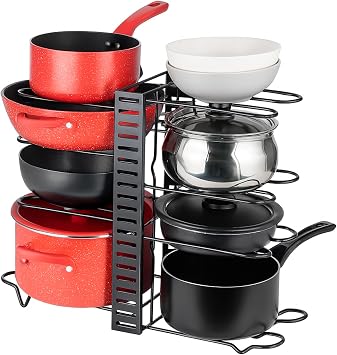 Innoteck Pots & Pans Organiser Rack with 8 Adjustable Dividers, Expandable Pan & Lid Storage Holder for Kitchen Cupboards, Cabinets & Pantry   Matt Black, 54.5   20   42cm