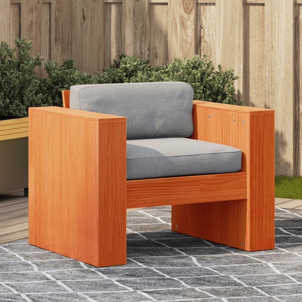 Sillón de jardín rústico de madera maciza de pino, color marrón cera, cómodo sillón de jardín con respaldo y reposabrazos, resistente al aire libre, madera maciza para terraza