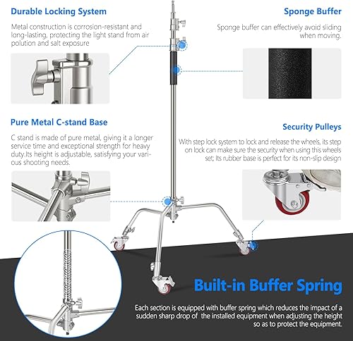 Miniatura 3 de NEEWER Soporte de luz Pro 100% metal C con ruedas, altura máxima 10.8 pies/129.9 in soporte reflector ajustable con brazo de pluma de 4 pies/47.2 in