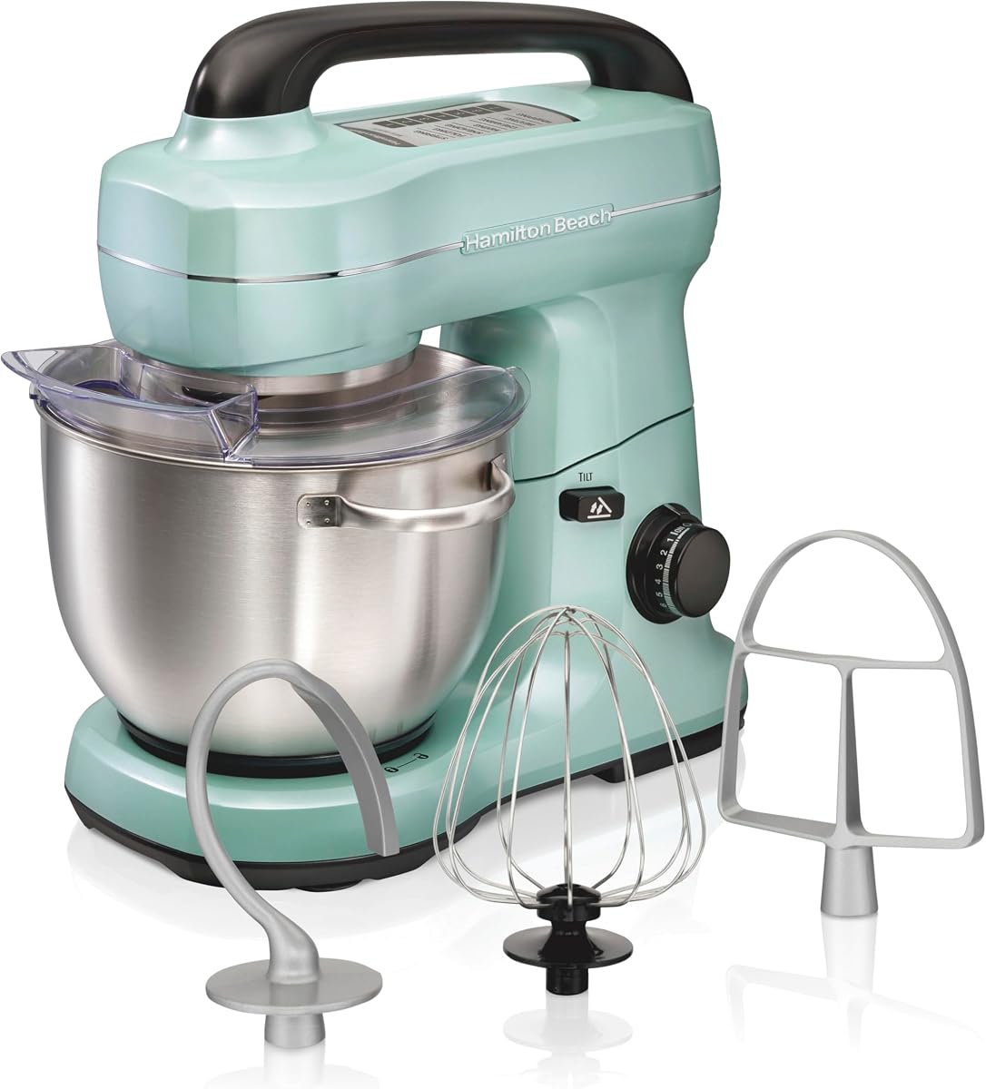 4 Qt Electric Stand Mixer With 7 Speeds, Easy-Carry Handle | Planetary Mixing For Full Bowl Coverage | Splash Guard | 300 Watts | Whisk, Flat Beater, Dough Hook | Mixing Guide | Aqua