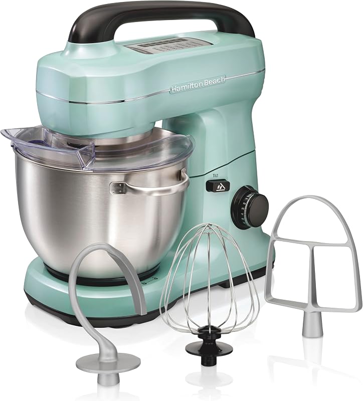 4 Qt Electric Stand Mixer With 7 Speeds, Easy-Carry Handle | Planetary Mixing For Full Bowl Coverage | Splash Guard | 300 Watts | Whisk, Flat Beater, Dough Hook | Mixing Guide | Aqua