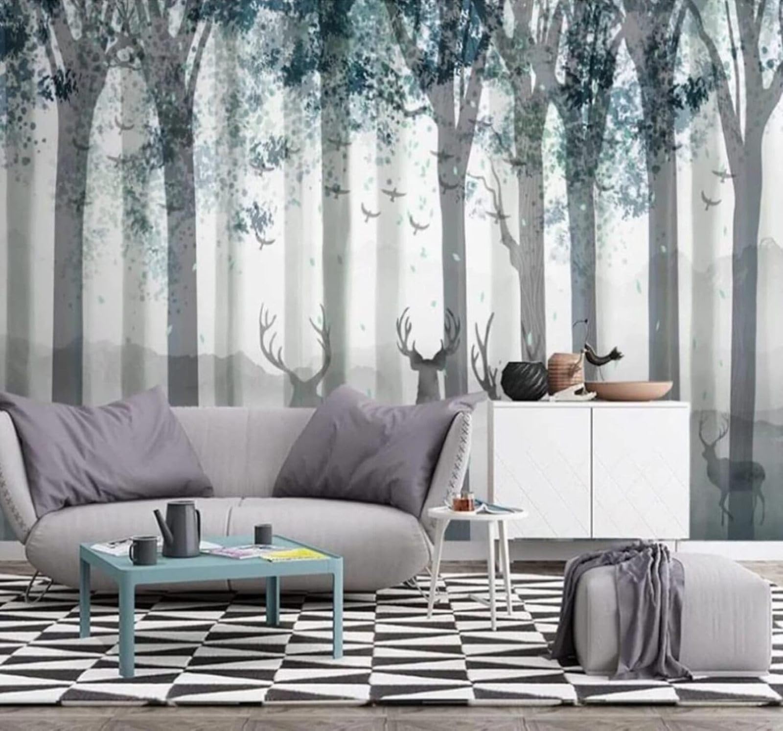 XLMING Hand Drawn Forest Reindeer Birds Landscape 3D Wallpaper Luxury Silk Study Dining Feature Sofa Grey Bedroom Living Room Tv Decorative Wall-400cm×280cm