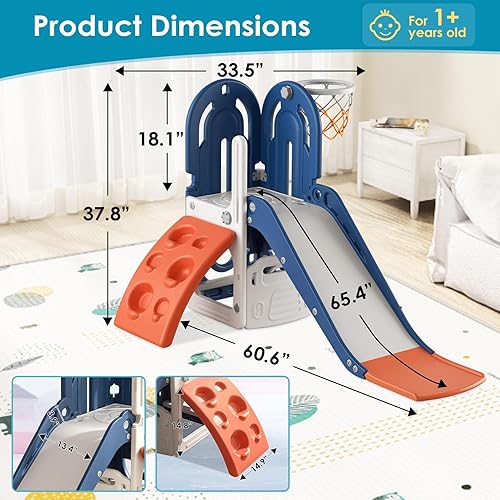 Miniatura 6 de BIERUM Tobogán 4 en 1 para niños pequeños de 1 a 3 años con aro de baloncesto y pelota, tobogán para niños, para interiores y exteriores, patio