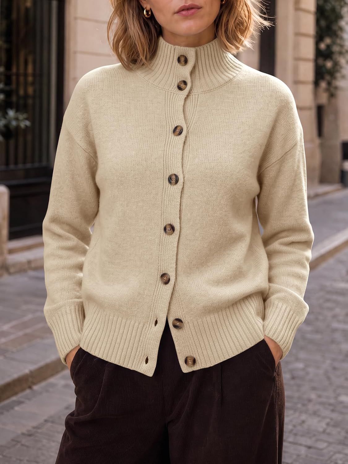 Saodimallsu Womens Mock Neck Cardigans Casual Button Up Knit Fall Sweaters