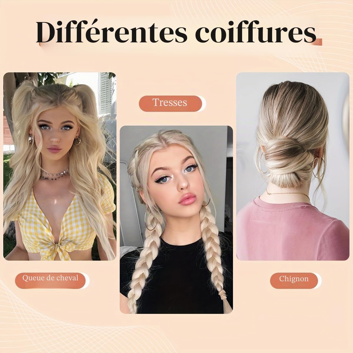2-teilige geflochtene Perücke, postiche avec élastiques ondulés et bouclés, chignon synthétique et queue de cheval, extensions de cheveux, postiche épais pour femmes（Ash Blonde）