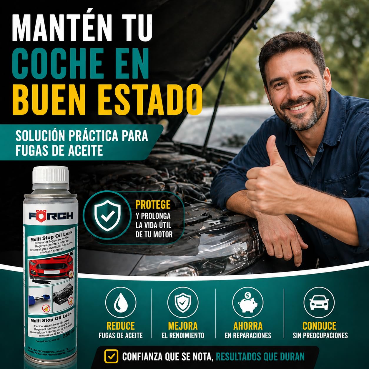 FORCH Tapa Fugas Aceite Coche, antifugas Motor y transmisión, Stop Leak Que repara Fugas sin Desmontar, válido para Motor, Caja de Cambios y dirección, 250 ml (3)
