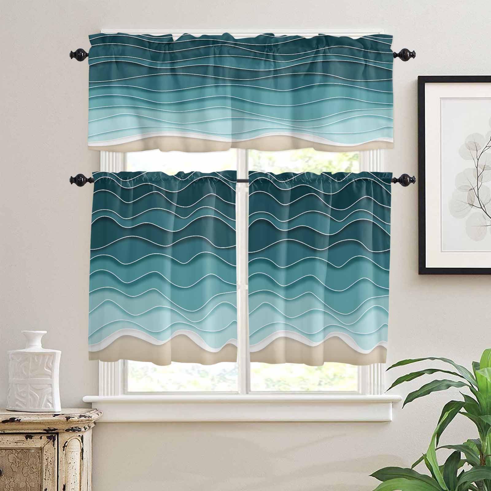 Turquoise Waves Kitchen Curtains 36 Inch Length, 3 Piece Rod Pocket Small Half Tiers and Valance Set, Simple Ombre Abstract Sea Waves Art Small Large Window Treatment Decor for Bedroom/Bathroom Sink