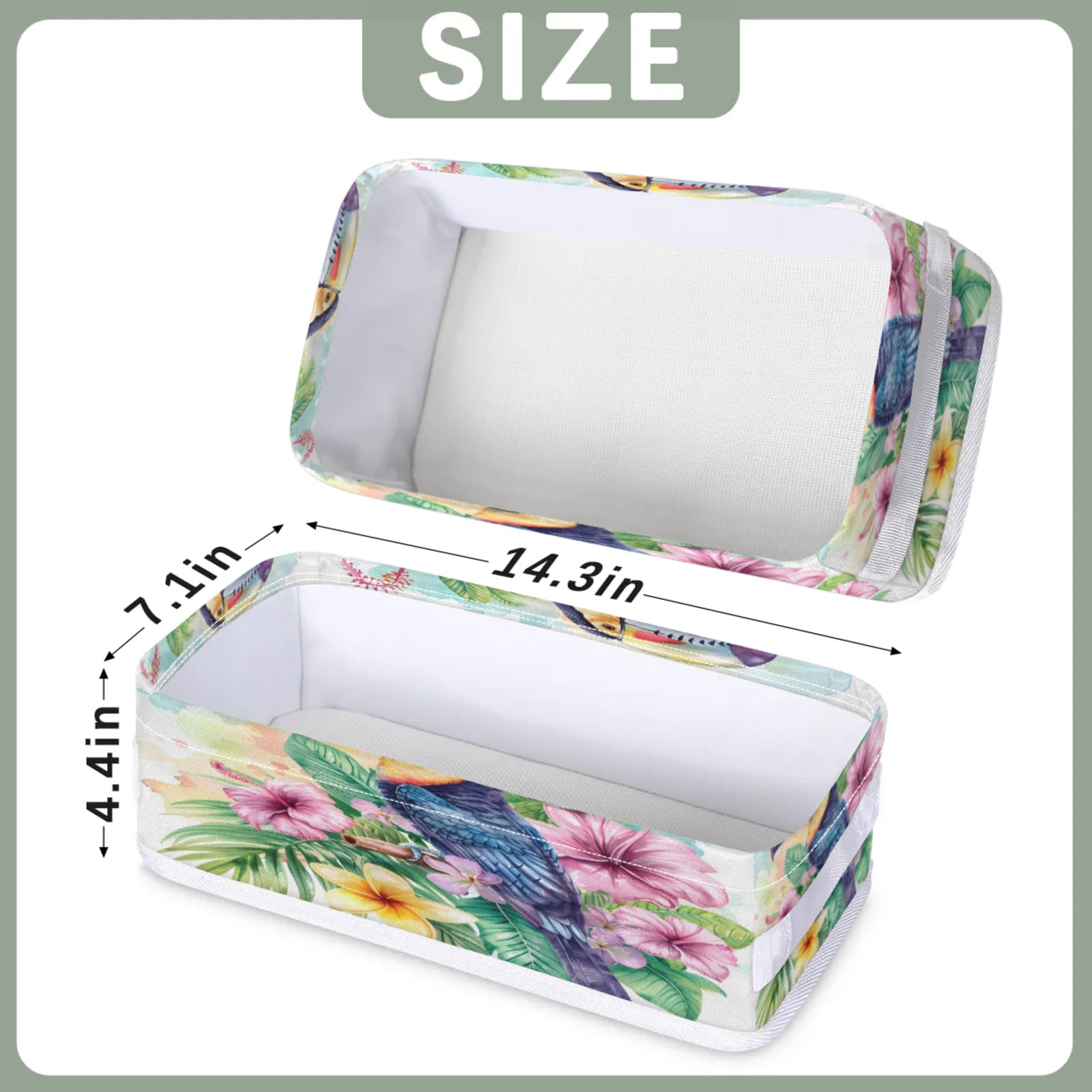 Tablerazzi Toilet Tank Topper Paper Basket with Handle, Toucan Bathroom Storage Basket for Organizing, Tropical Flower Plant Small Fabric Storage Bins for Bathroom Decor