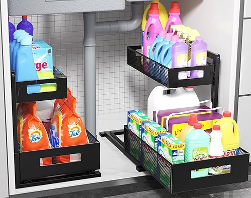 Miniatura 3 de Organizador para debajo del fregadero, organizador de gabinete extraíble de altura ajustable, organizador de baño de 2 niveles con cajones