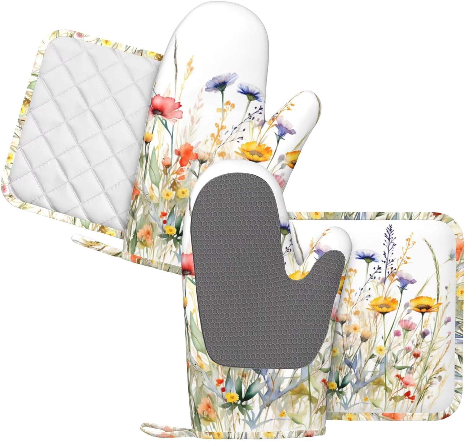Wildflowers Oven Mitts and Pot Holders Sets for Kitchen Silicone Watercolor Flowers Oven Gloves Heat Resistant Blooming Flower Oven Mitts with 2 Non-Slip Pads Kitchen Gloves for Cooking