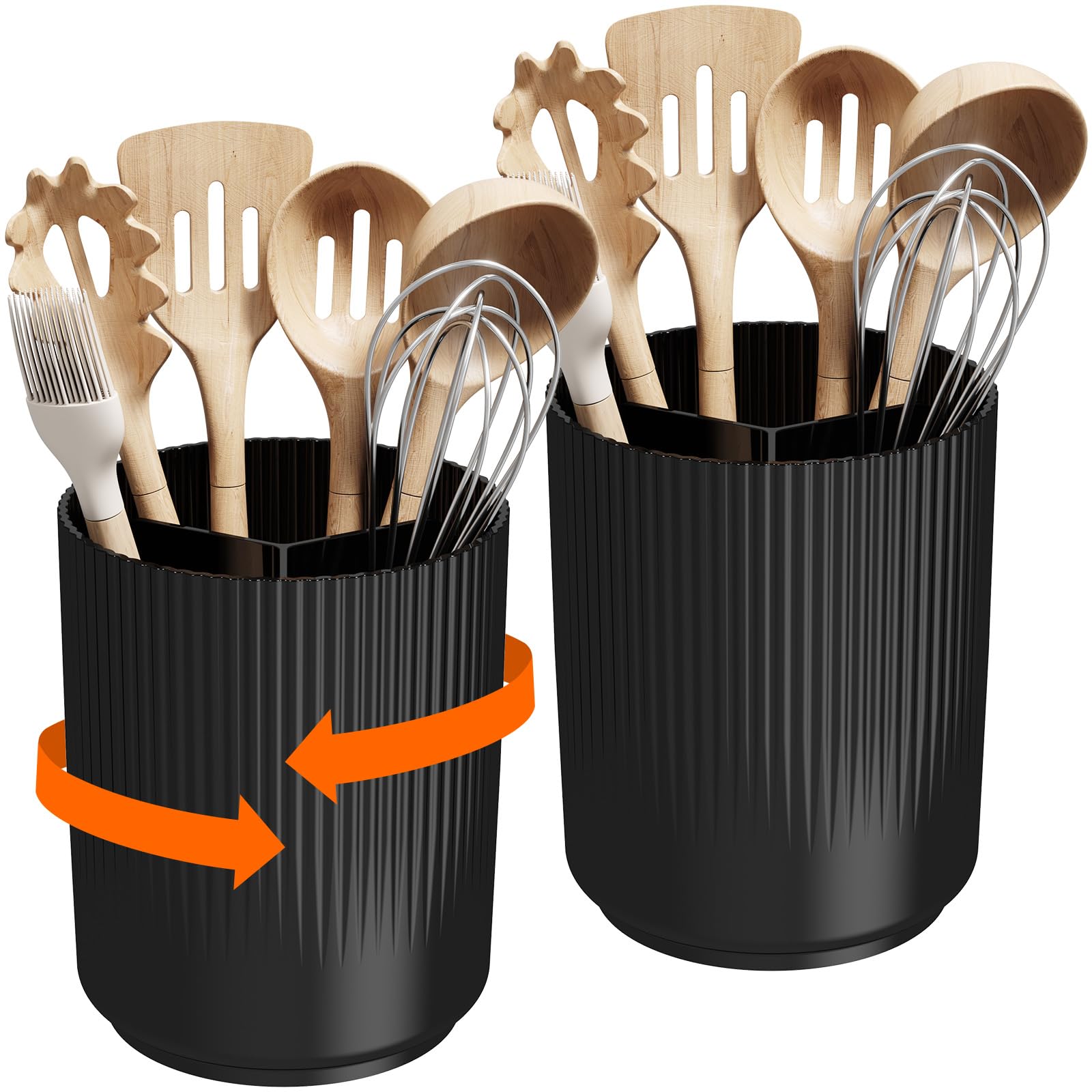 Lifewit Kitchen Counter Utensil Holder with 3 Compartments, 15 x 19 cm Cutlery Tray for Drawer, Spatula Organizer, with Non-Slip Rotating Base and Dry Drainer, Set of 2, Black