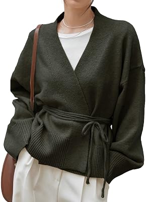 WDIRARA Womens Wrap V Neck Long Sleeve Tie Front Belted Cardigan Casual Sweater